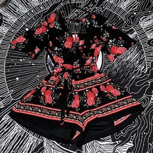 Cute floral black & red short one piece romper size medium